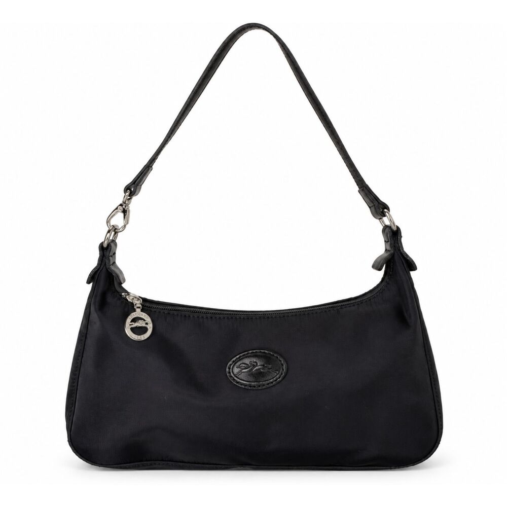 Longchamp Black Nylon Baguette Shoulder Bag Leather Trim Y2K Small